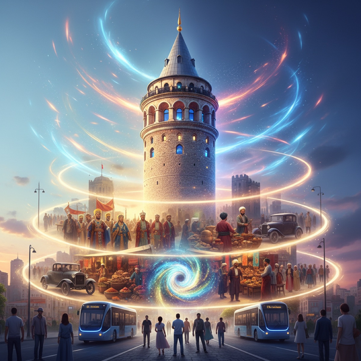 Galata Kulesi'nin tarihi dokusu modern İstanbul silüetiyle birleşirken, 2026 yılında geçmişe doğru yapılan bir zaman yolculuğunu çağrıştıran büyüleyici bir görüntü. Galata Kulesi zaman yolculuğu temalı bu görsel, şehrin en ikonik yapılarından birini farklı bir perspektifle ele alıyor.