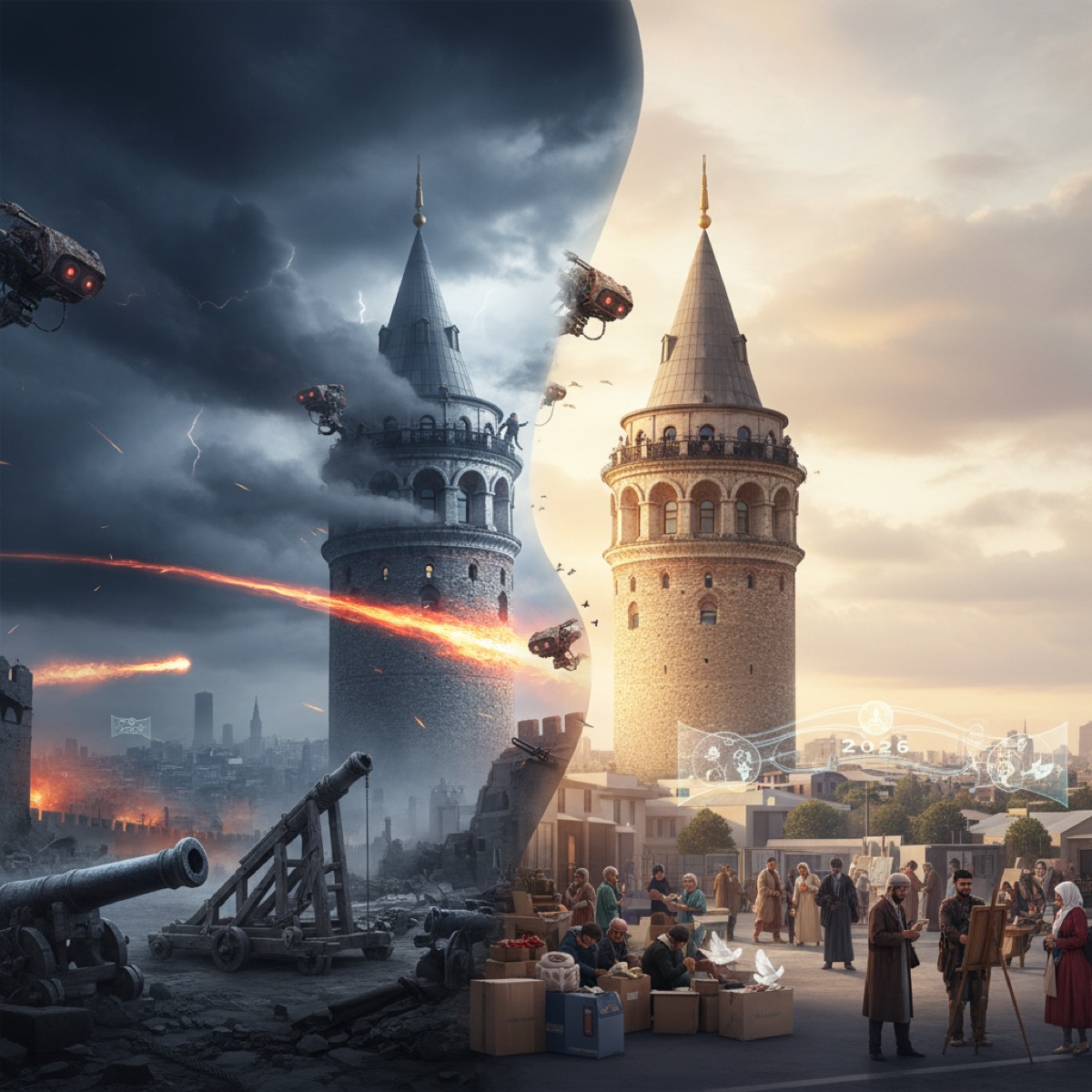 Galata Tower standing tall against a modern Istanbul skyline, symbolizing its historical diplomatic roles and continued presence in 2026. The image evokes a sense of enduring history and strategic importance, perfectly aligning with the 'galata kulesi diplomasi' focus keyword.