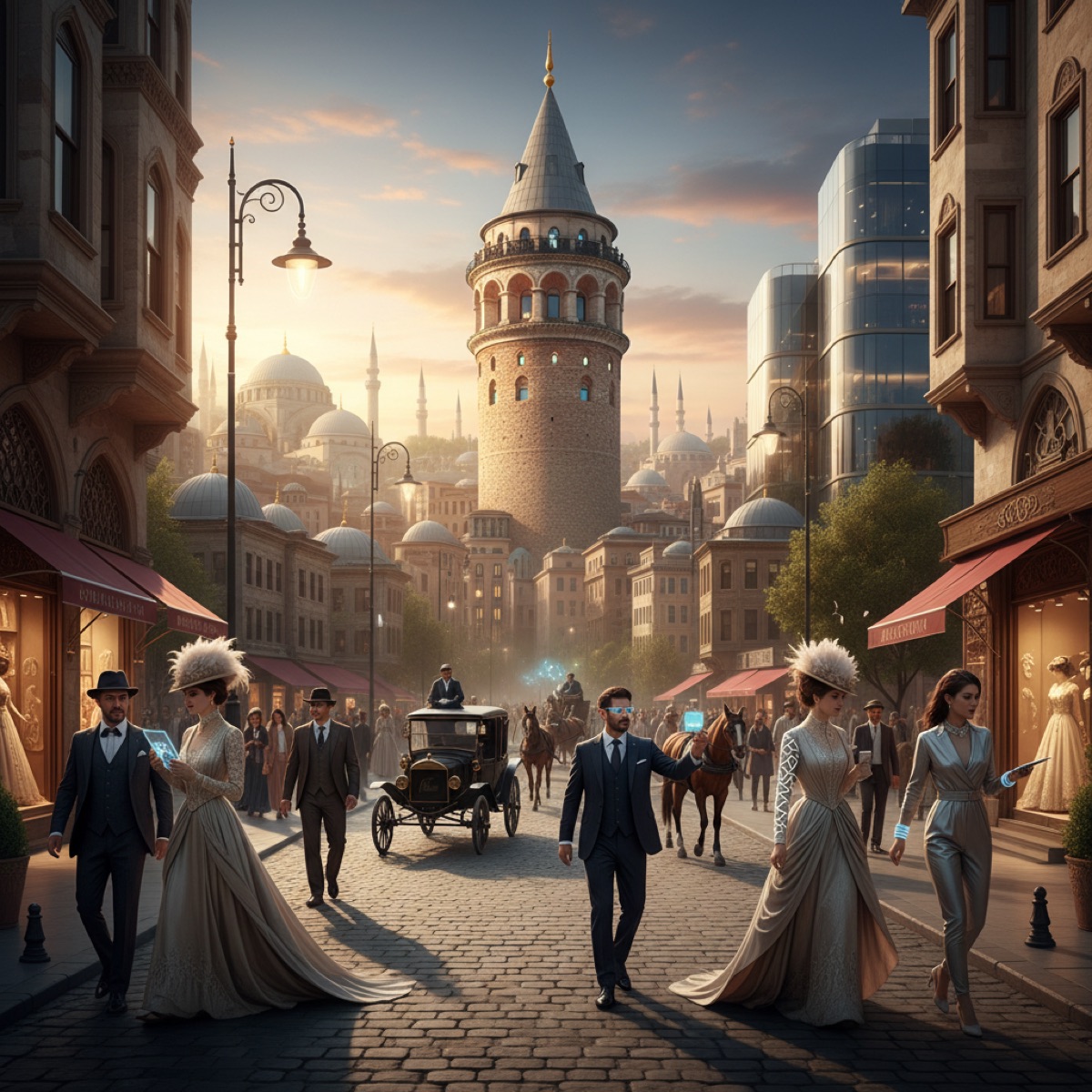 2026'da Galata Kulesi'nin tarihi dokusunda, bir dönemin moda ve sosyal yaşamını yansıtan eski kıyafetler ve kule çevresindeki kalabalık. Galata Kulesi sosyal yaşamın merkezi.