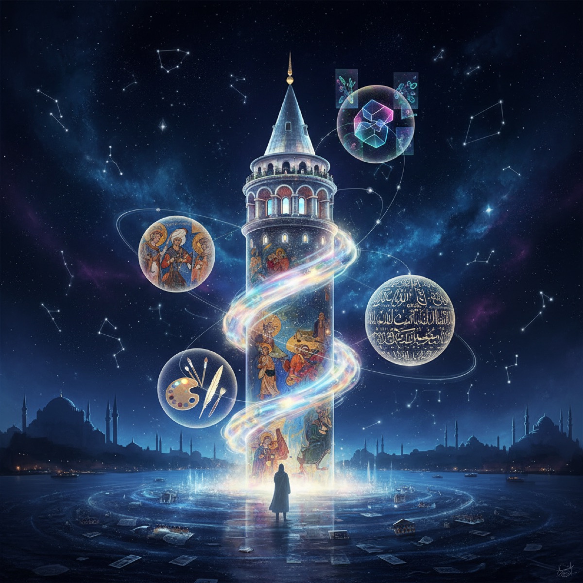 Galata Tower inspiring artists, poets, and contemporary creators in 2026. A majestic view of Galata Kulesi, a historical landmark, as seen through an artist's interpretation, highlighting its influence on art and culture.