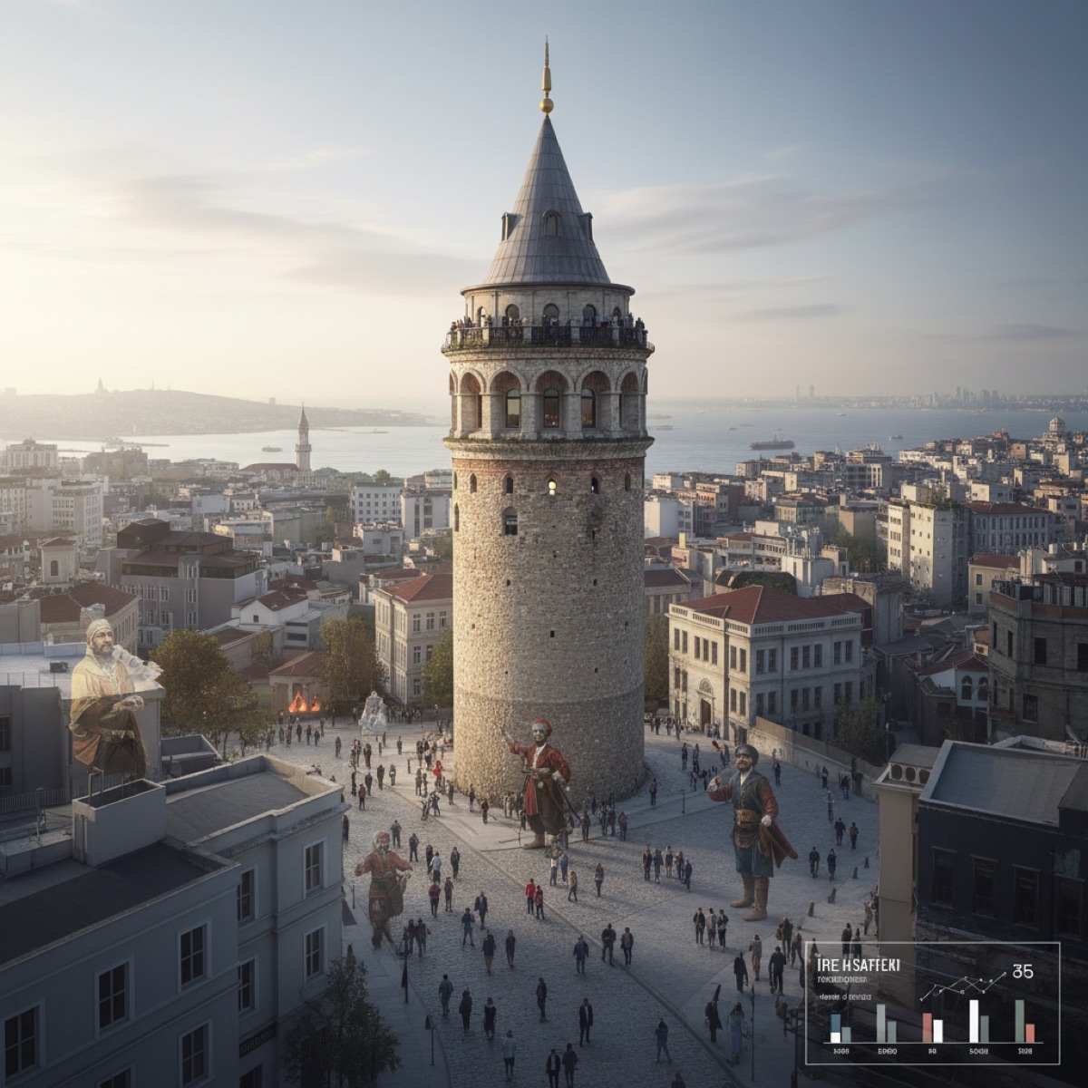 Galata Kulesi yangın gözcüsü olarak geçmişini ve 2026 itibarıyla İstanbul'un yangın güvenliği tarihini yansıtan görsel. Kule, şehrin korunmasında geçmişten günümüze önemli bir rol oynamıştır.