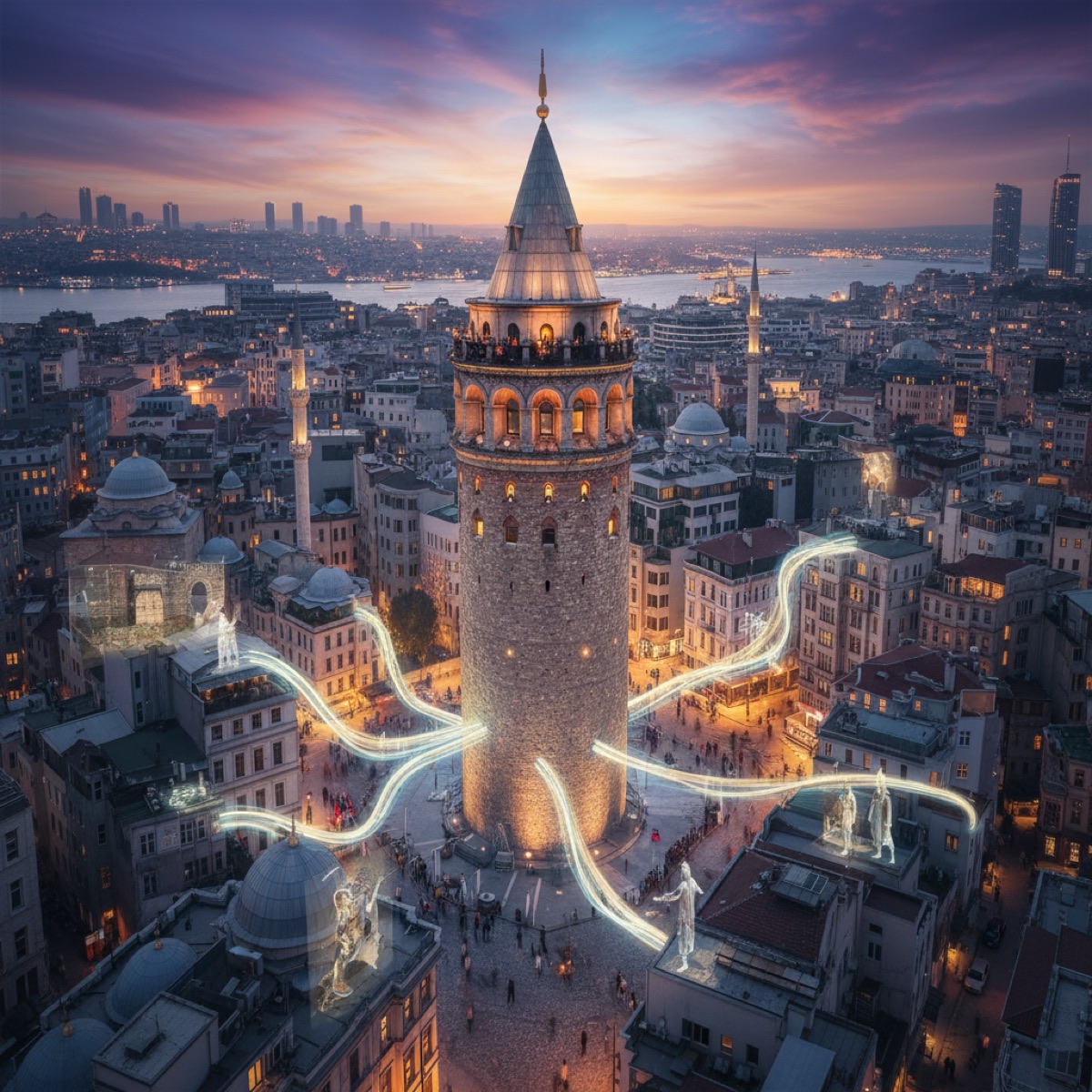 Galata Kulesi önünde uzanan, 2026'da keşfedilmeyi bekleyen gizli geçitler ve kayıp tünelleri simgeleyen tarihi taş döşeli bir yolun kuşbakışı görünümü. Kule, gri gökyüzü altında ihtişamla yükselirken, etrafındaki binalar modern ve eski İstanbul'un harmanını yansıtıyor. Galata Kulesi gizli geçitler teması ön planda.
