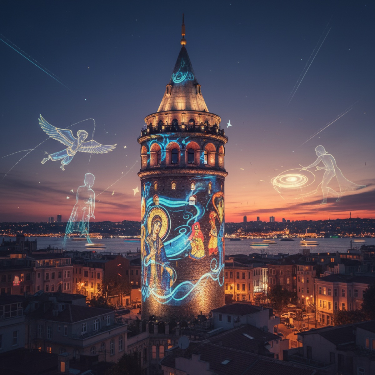 Galata Kulesi, İstanbul'da 2026'da ışık ve gölge oyunlarıyla sanatsal bir manifestoyu sergiliyor, tarihi yapı modern sanatla buluşuyor.