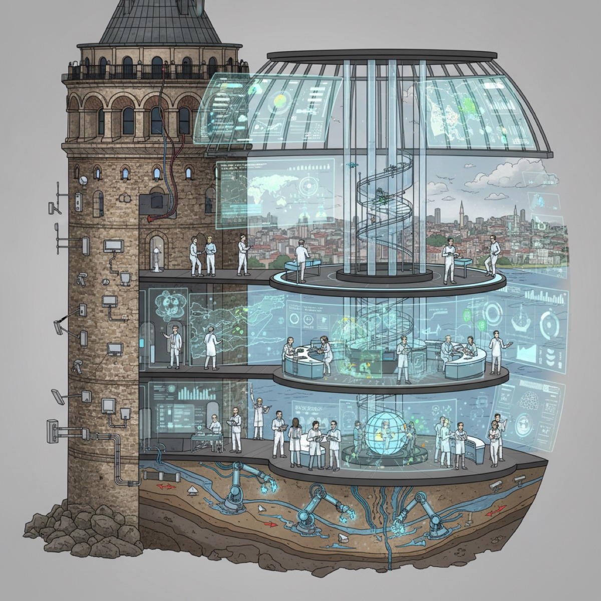 Galata Tower, an iconic historical landmark in Istanbul, stands majestically amidst a dynamic city skyline. The image suggests a scientific study on Istanbul's geographical transformation, exploring the impact of landslides and climate change on the region, with the Galata Tower serving as a focal point for understanding 'Galata Kulesi coğrafya' in 2026.