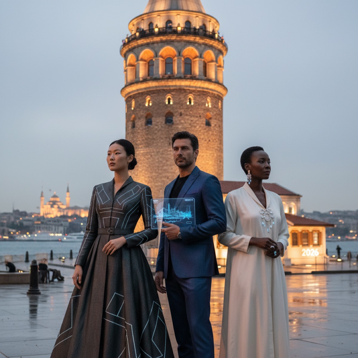 Galata Kulesi, 2026'da zarif bir İstanbul silüetinde yükselirken, manzaraya hakim, etrafında modern ve şık giyimli insanlar, ikonik yapının yüzyıllık moda ve stil etkisini vurguluyor.