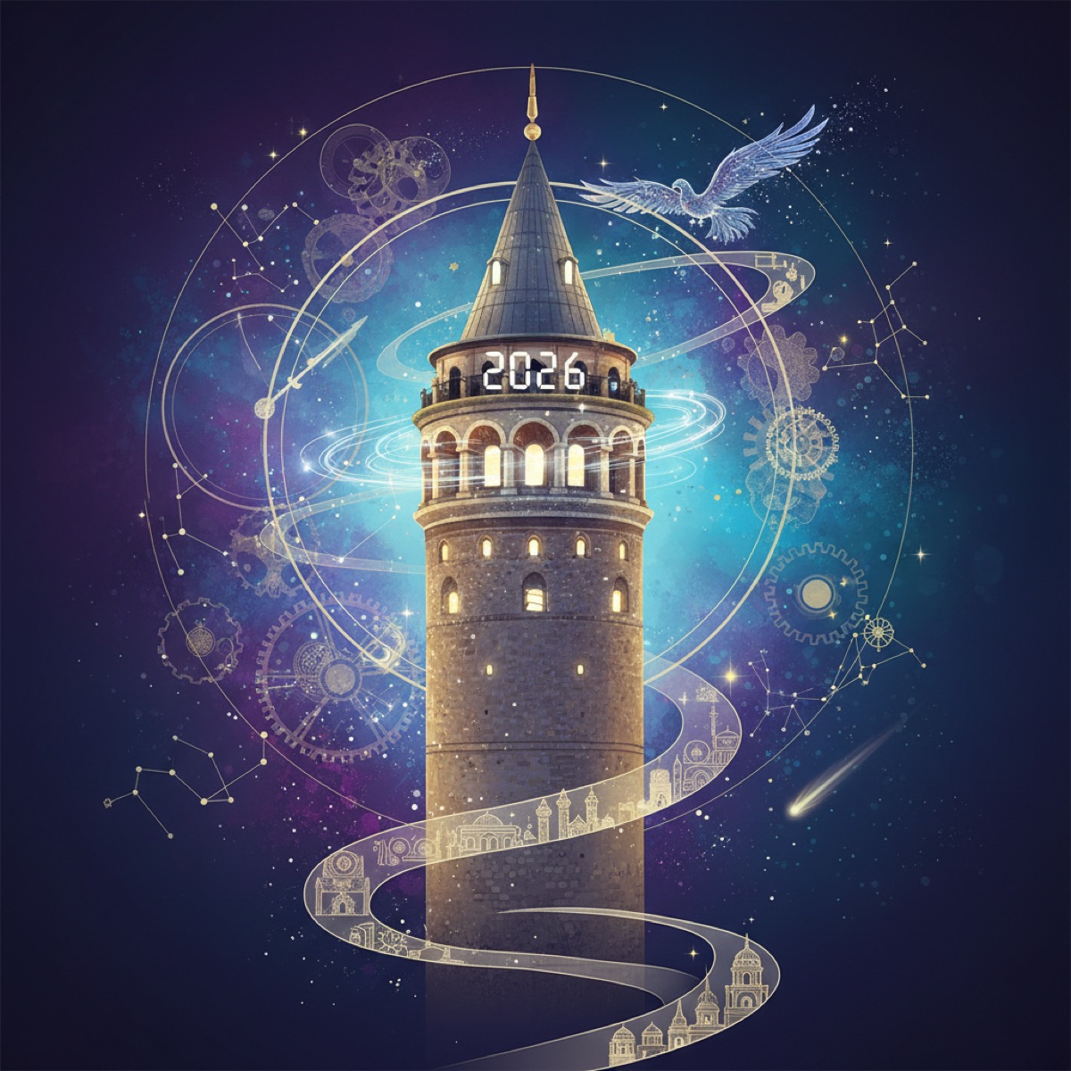Galata Tower rising majestically against a vibrant Istanbul skyline at sunset, symbolizing its mystic guide role in the city's spiritual and esoteric landscape of 2026. The focus keyword 'galata kulesi mistik' is central to this captivating view.