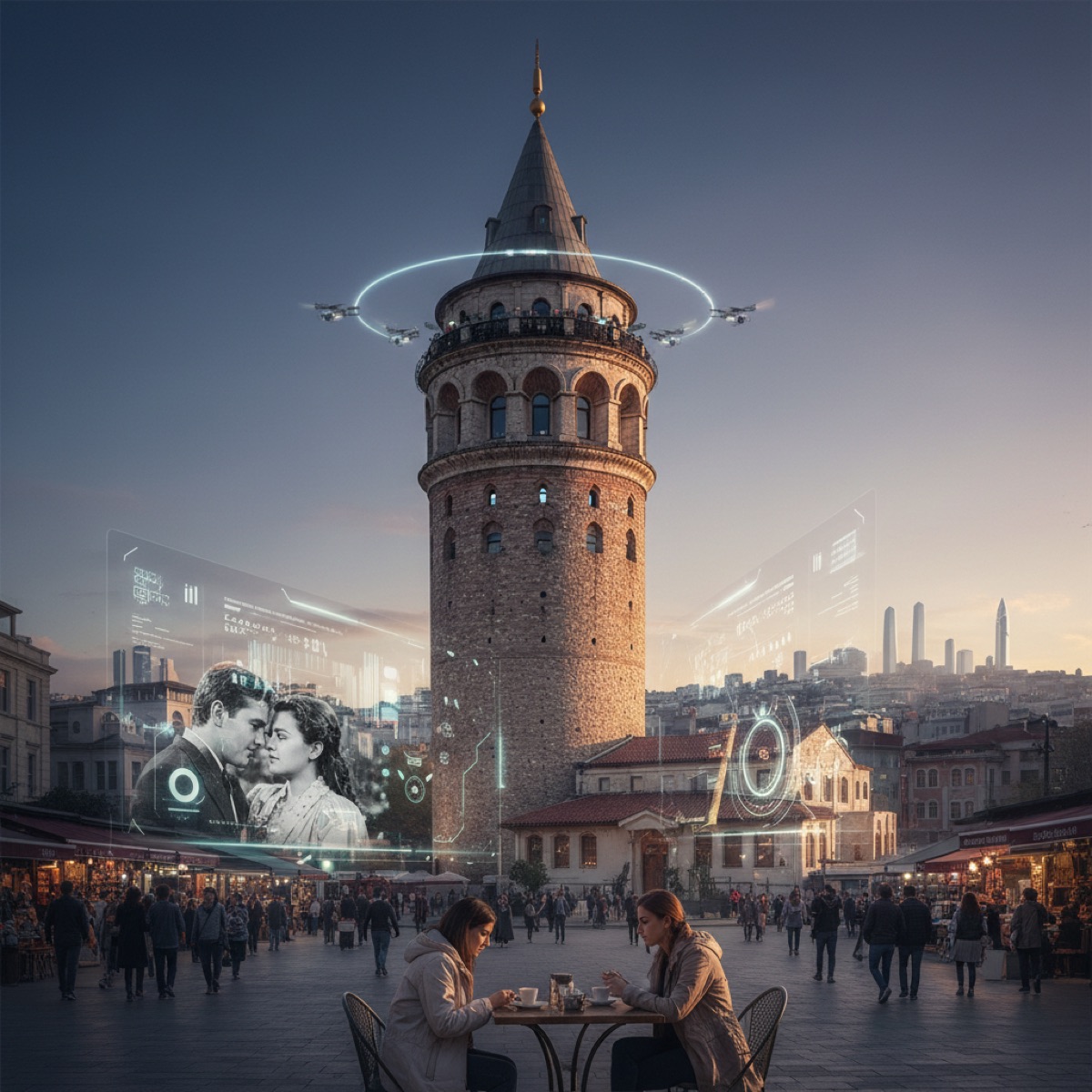 Galata Tower, a historic landmark in Istanbul, beautifully illuminated at dusk, symbolizing its enduring presence in cinema and digital media in 2026. The focus is on 'galata kulesi sinema' and Istanbul's cinematic legacy.